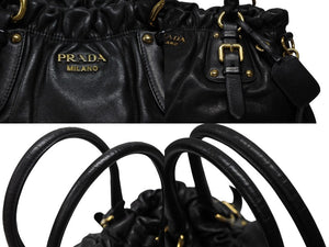 PRADA プラダ ギャザー 2WAYバッグ ハンドバッグ ショルダーバッグ カーフレザー ブラック ゴールド金具 美品 中古 4b007894