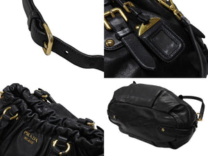 PRADA プラダ ギャザー 2WAYバッグ ハンドバッグ ショルダーバッグ カーフレザー ブラック ゴールド金具 美品 中古 4b007894