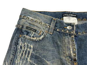 DOLCE&GABBANA ドルチェアンドガッバーナ レアモデル ヴィンテージデニムパンツ クラッシュ加工 スタッズ 刺繍 コットン サイズ40 美品 中古 4b007916