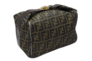 FENDI フェンディ ズッカ柄 バニティバッグ ハンドバッグ ジャガード レザー ブラウン グレー ゴールド金具 美品 中古 4b007934
