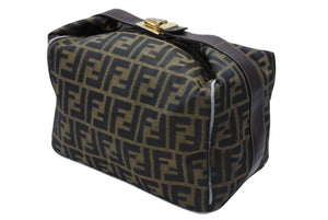 FENDI フェンディ ズッカ柄 バニティバッグ ハンドバッグ ジャガード レザー ブラウン グレー ゴールド金具 美品 中古 4b007934