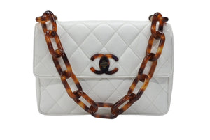 CHANEL シャネル マトラッセ シングルフラップ シングルチェーン トータスシェル ショルダーバッグ ラムスキン ホワイト 美品 中古 4b007942