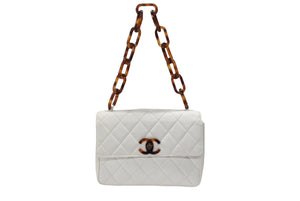 CHANEL シャネル マトラッセ シングルフラップ シングルチェーン トータスシェル ショルダーバッグ ラムスキン ホワイト 美品 中古 4b007942