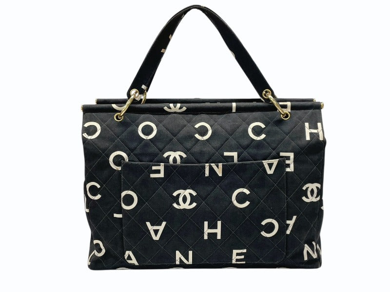 CHANEL シャネル バイシーライン トートバッグ ココマーク アイコン コットンキャンバス レザー ブラック ゴールド金具 美品 中古 4b007946