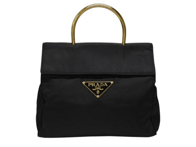 PRADA プラダ ハンドバッグ 33 トライアングルロゴ シングルメタルハンドル イタリア製 ナイロン ブラック ゴールド金具 美品 中古 4b007953