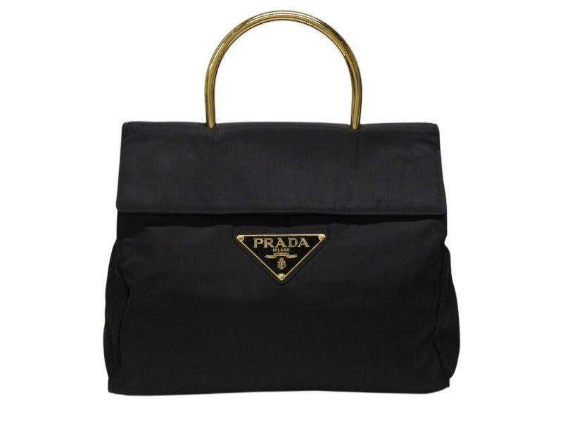 PRADA プラダ ハンドバッグ 33 トライアングルロゴ シングルメタルハンドル イタリア製 ナイロン ブラック ゴールド金具 美品 中古 4b007953