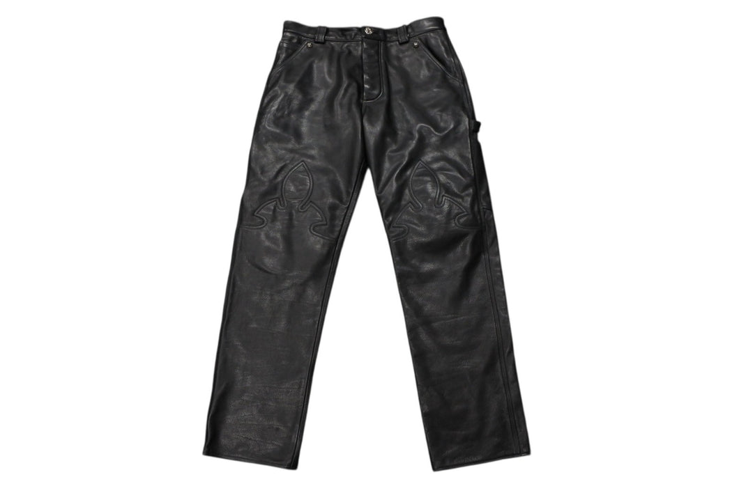 極美品 CHROME HEARTS クロムハーツ フレアニー カーペンター レザーパンツ ブラック シルバー925 ロゴ サイズ30 中古 4b007958