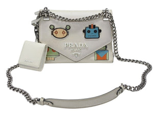 PRADA プラダ ロボット モノクローム チェーンショルダーバッグ 1BD127 サフィアーノレザー アイボリー シルバー金具 良品 中古 4b007961