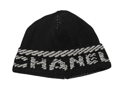 新品同様 CHANEL シャネル ビーニー ニットキャップ ニット帽 AA8449 ロゴ カシミヤ ブラック ホワイト 中古 4b007994