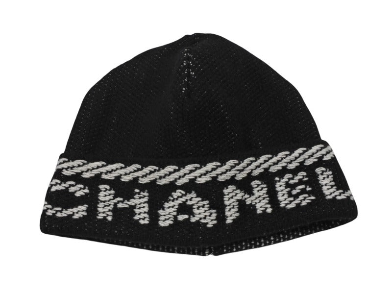 新品同様 CHANEL シャネル ビーニー ニットキャップ ニット帽 AA8449 ロゴ カシミヤ ブラック ホワイト 中古 4b007994