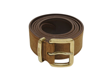 極美品 MIUMIU ミュウミュウ スウェードレザー ロゴバックルベルト 5CC536 サイズ36/90 全長約122.5cm ブラウン 中古 4b008039