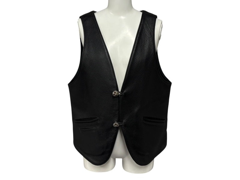 CHROME HEARTS New 2B Leather Vest, Size L, Cross Ball Button, Black, Excellent Condition, Pre-owned, 4b008047 