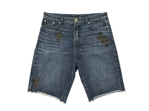 極美品 CHROME HEARTS クロムハーツ CHクロスパッチ デニムショーツ ショートパンツ サイズ30 7パッチ インディゴブルー 中古 4b008087
