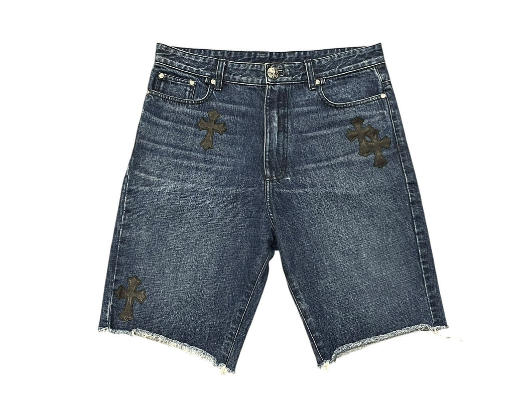 極美品 CHROME HEARTS クロムハーツ CHクロスパッチ デニムショーツ ショートパンツ サイズ30 7パッチ インディゴブルー 中古 4b008087