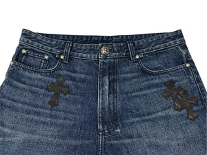 極美品 CHROME HEARTS クロムハーツ CHクロスパッチ デニムショーツ ショートパンツ サイズ30 7パッチ インディゴブルー 中古 4b008087