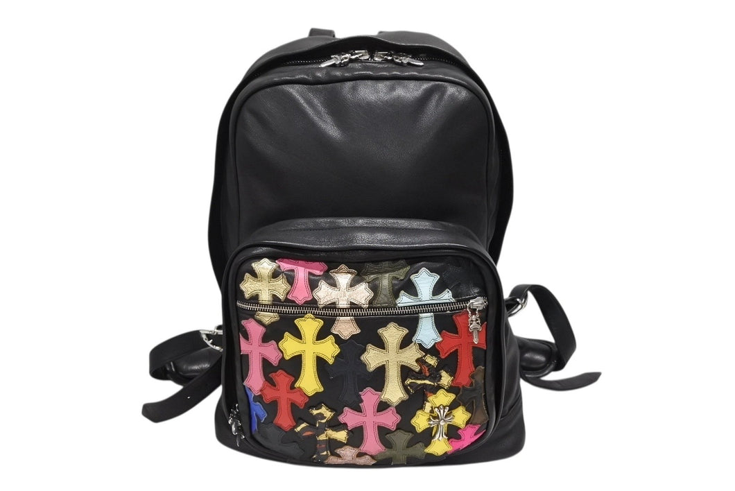 極美品 CHROME HEARTS クロムハーツ 7TH GRADE マルチセメタリークロスパッチ レザーバックパック 22パッチ CHクロス装飾 中古 4b008169