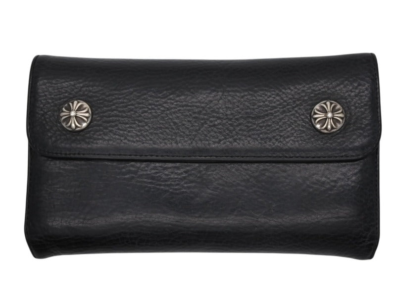 CHROME HEARTS クロムハーツ ウェーブウォレット 長財布 クロスボールボタン ダガージップ シルバー925 レザー ブラック 美品 中古 4b008182
