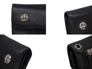 CHROME HEARTS クロムハーツ ウェーブウォレット 長財布 クロスボールボタン ダガージップ シルバー925 レザー ブラック 美品 中古 4b008182