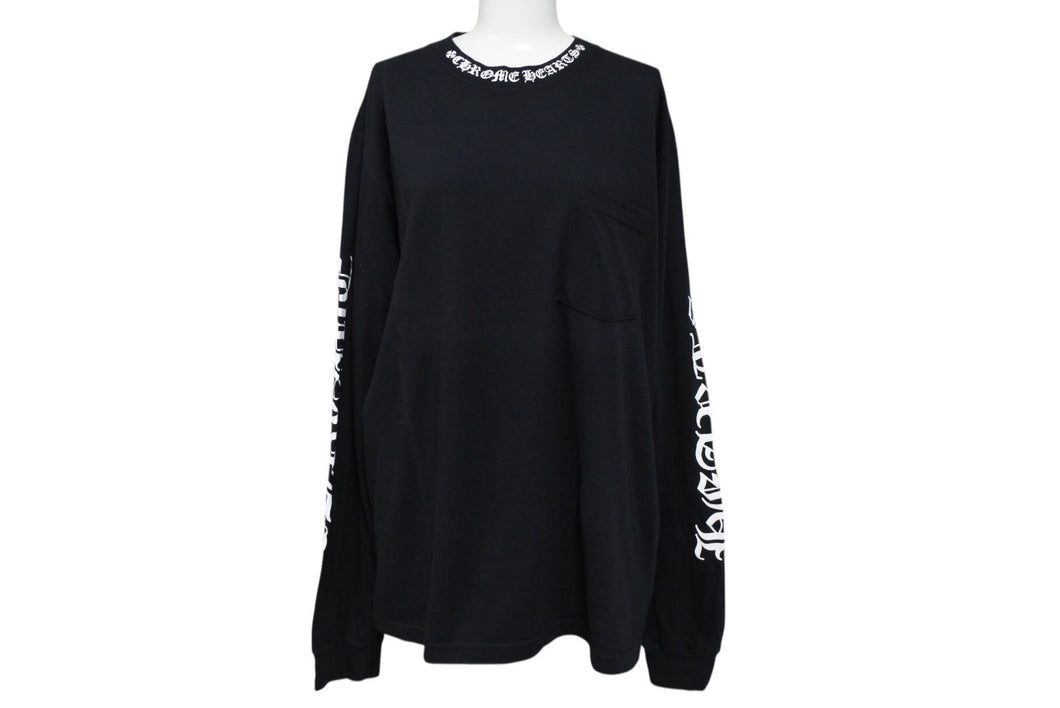 CHROME HEARTS クロムハーツ ネックロゴ 長袖Tシャツ サイズL アームロゴ プリント ブラック コットン 美品 中古 4b008219