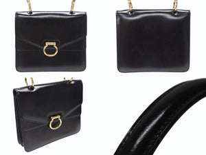 極美品 CELINE セリーヌ ハンドバッグ ガンチーニ ダブルフラップ ヴィンテージ レザー ブラック ゴールド金具 中古 4b004826