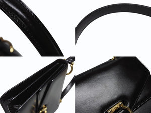 極美品 CELINE セリーヌ ハンドバッグ ガンチーニ ダブルフラップ ヴィンテージ レザー ブラック ゴールド金具 中古 4b004826