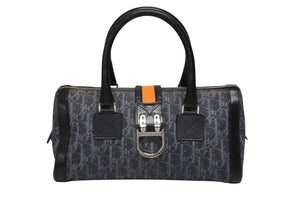 極美品 CHRISTIAN DIOR クリスチャンディオール トロッターライン ハンドバッグ 02-B0-1015 ネイビー オレンジ シルバー金具 中古 4b008289