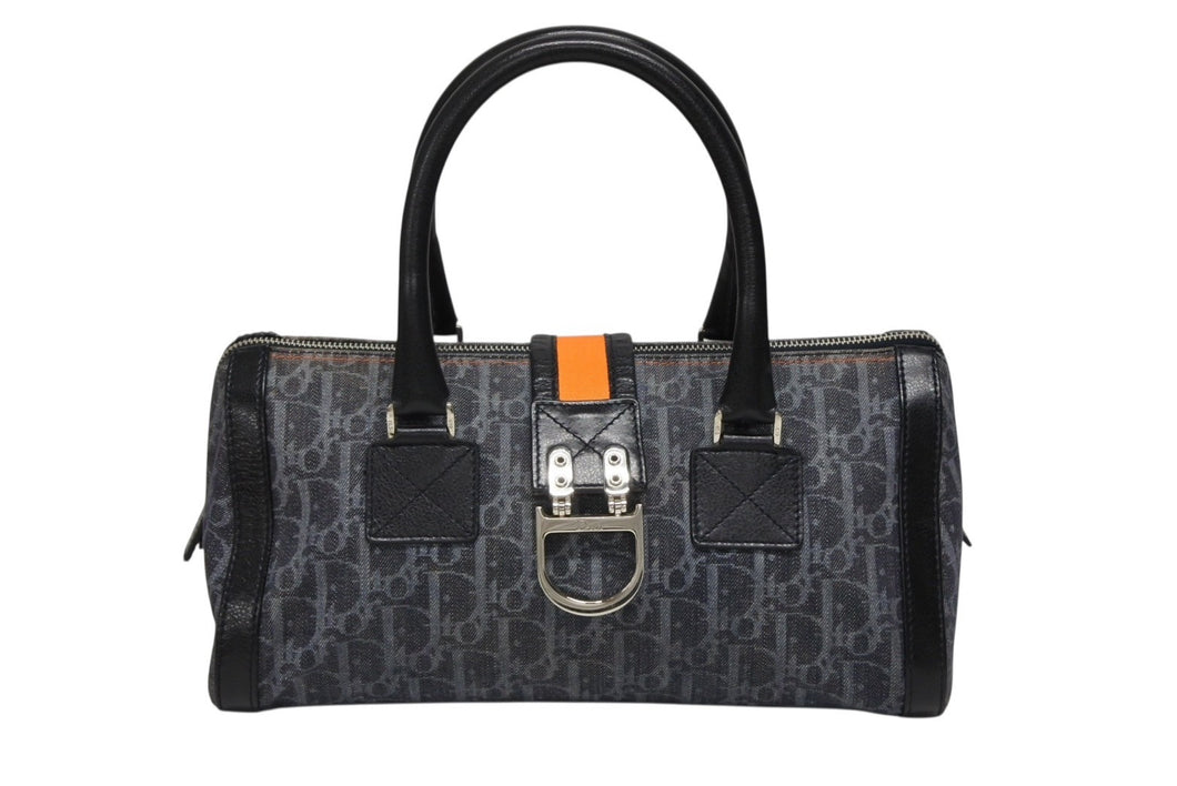 極美品 CHRISTIAN DIOR クリスチャンディオール トロッターライン ハンドバッグ 02-B0-1015 ネイビー オレンジ シルバー金具 中古 4b008289