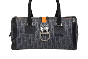 極美品 CHRISTIAN DIOR クリスチャンディオール トロッターライン ハンドバッグ 02-B0-1015 ネイビー オレンジ シルバー金具 中古 4b008289