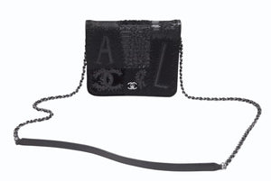 極美品 CHANEL シャネル パッチワーク BORO チェーンショルダーバッグ ココマーク 25番台 デニム ツイード ブラック シルバー 中古 4b008319