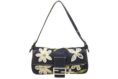 極美品 FENDI フェンディ フラワー デニム マンマバケット エンブロイダリー ワンショルダーバッグ 26421 刺繍 ネイビー シルバー金具 中古 4b008374