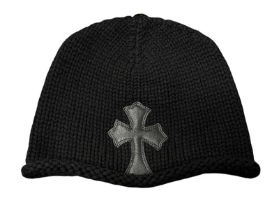 極美品 CHROME HEARTS クロムハーツ クロスパッチ ニットキャップ ビーニー カシミヤ レザー シルバー925 ブラック 中古 4b008404