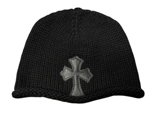 極美品 CHROME HEARTS クロムハーツ クロスパッチ ニットキャップ ビーニー カシミヤ レザー シルバー925 ブラック 中古 4b008404