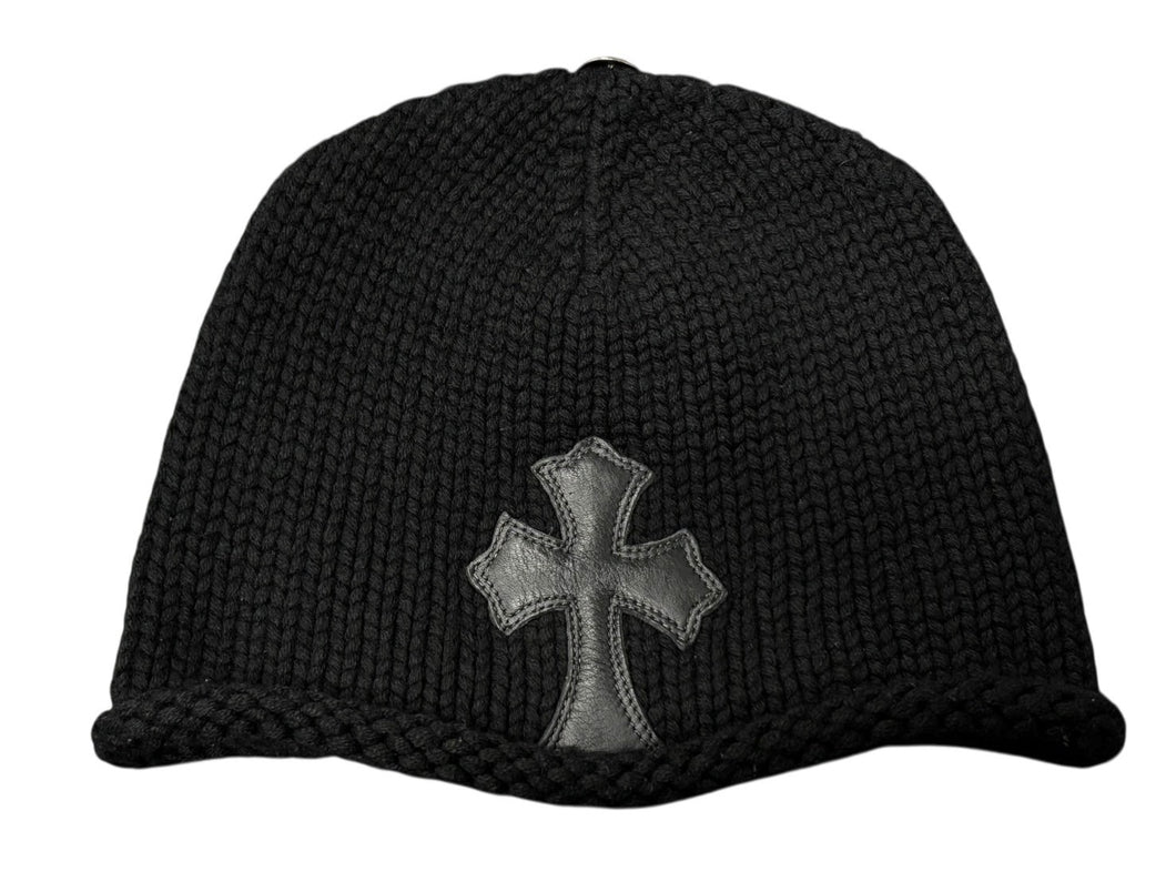 極美品 CHROME HEARTS クロムハーツ クロスパッチ ニットキャップ ビーニー カシミヤ レザー シルバー925 ブラック 中古 4b008404