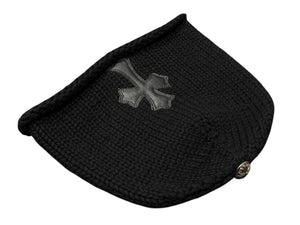 極美品 CHROME HEARTS クロムハーツ クロスパッチ ニットキャップ ビーニー カシミヤ レザー シルバー925 ブラック 中古 4b008404