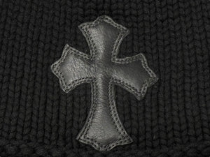極美品 CHROME HEARTS クロムハーツ クロスパッチ ニットキャップ ビーニー カシミヤ レザー シルバー925 ブラック 中古 4b008404