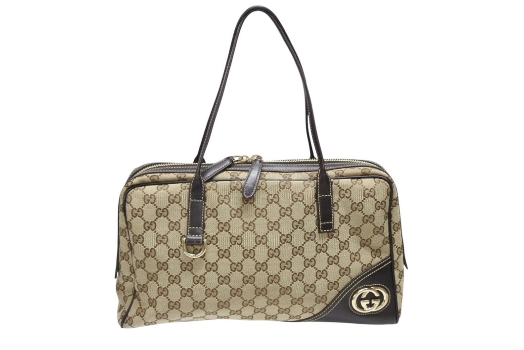 極美品 GUCCI グッチ ニューブリット GGキャンバス ハンドバッグ 169971 ベージュ ブラウン ゴールド金具 中古 4b008579