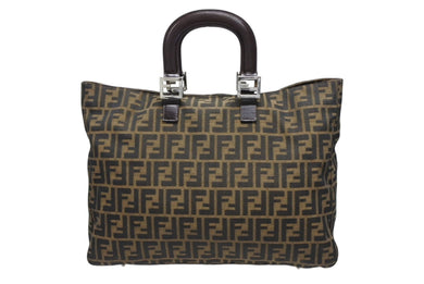 FENDI フェンディ ハンドバッグ トートバッグ ズッカ柄 26329 キャンバス レザー ブラウン シルバー金具 美品 中古 4b008638