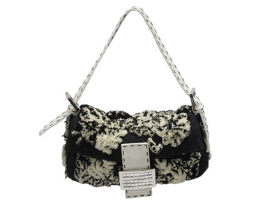 極美品 FENDI フェンディ フローラルエンブロイダリー マンマバケット セレリア ショルダーバッグ 8BR101-038 ラインストーン ブラック ホワイト 中古 4b008644