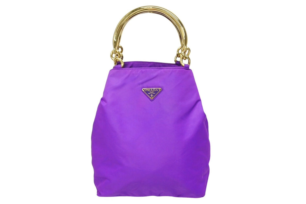PRADA プラダ ハンドバッグ トライアングル ロゴ ナイロン ゴールド金具 黒 パープル 美品 中古 4b008658