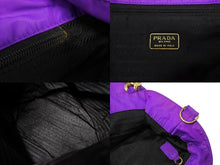 画像をギャラリービューアに読み込む, PRADA プラダ ハンドバッグ トライアングル ロゴ ナイロン ゴールド金具 黒 パープル 美品 中古 4b008658