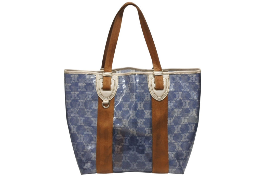 CELINE セリーヌ トートバッグ ハンドバッグ マカダム柄 ブルー ブラウン PVC レザー ビニール 美品 中古 4b008663