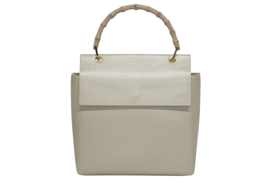 極美品 GUCCI グッチ バンブー ハンドバッグ 1886 ウッドハンドル アイボリー レザー スウェード ゴールド金具 中古 4b008673