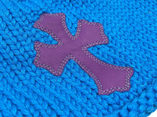 画像をギャラリービューアに読み込む, 未使用 CHROME HEARTS クロムハーツ クロスパッチ ニットキャップ ビーニー カシミヤ レザー シルバー925 パープル ブルー 中古 4b008696