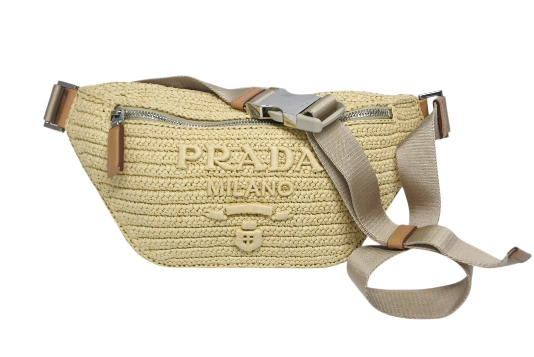 極美品 PRADA プラダ 24SS クロシェ ベルトバッグ 定価264,000 ラフィア ベージュ ブラウン シルバー金具 中古 4b008795