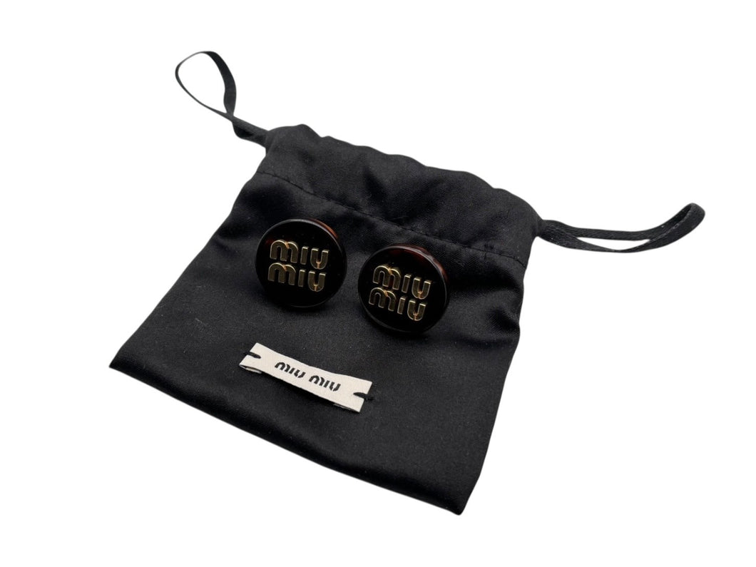 極美品 MIUMIU ミュウミュウ イヤリング べっ甲カラー ブラウン ゴールド ロゴ金具 中古 4b008822