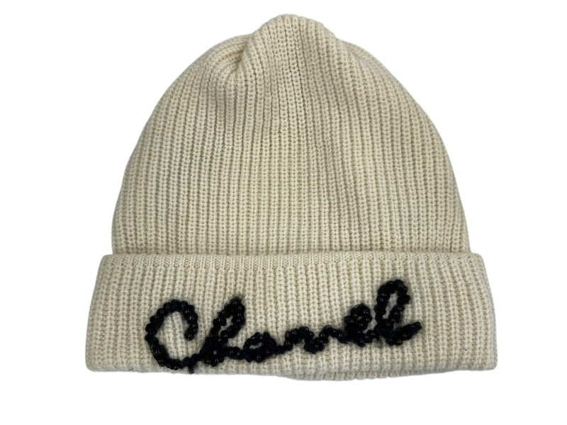 極美品 CHANEL シャネル カシミヤ ニットキャップ ビーニー ニット帽 アイボリー ブラック ビーズ 中古 4b008823