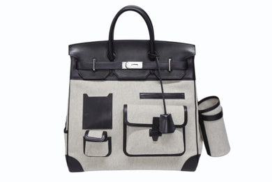 新品同様 HERMES エルメス オータクロア40 カーゴ ハンドバッグ トワルアッシュ ヴォーエバーカーフ エクリュ ブラック Z刻印 2021年 SV金具 中古 4b008862