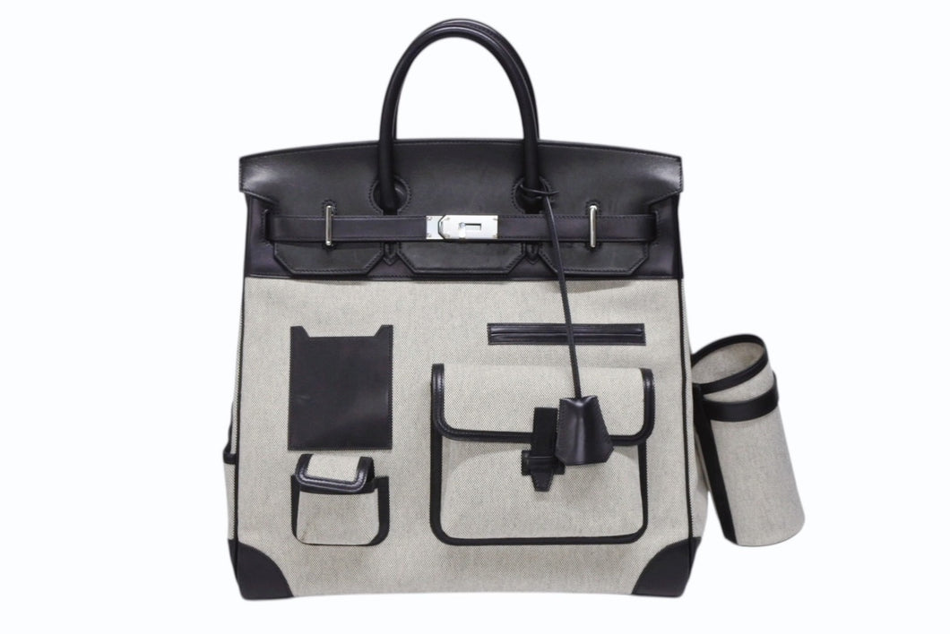 新品同様 HERMES エルメス オータクロア40 カーゴ ハンドバッグ トワルアッシュ ヴォーエバーカーフ エクリュ ブラック Z刻印 2021年 SV金具 中古 4b008862