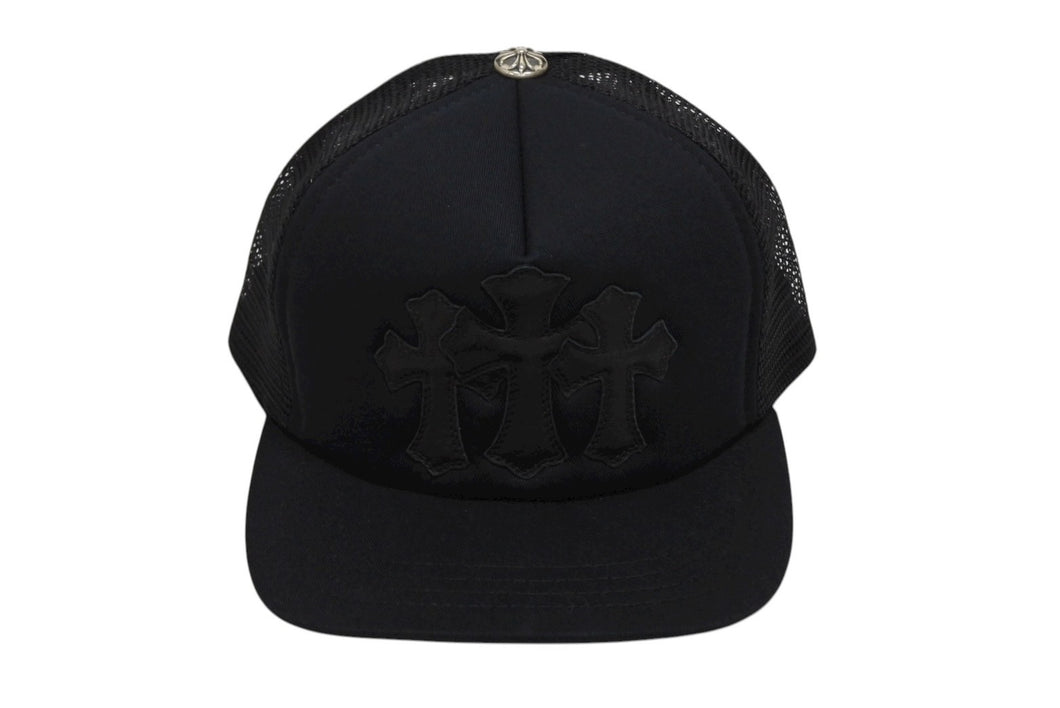 新品未使用 CHROME HEARTS クロムハーツ TRUCKER CAP トラッカーキャップ セメタリーレザーパッチ メッシュキャップ ブラック 中古 4b008863