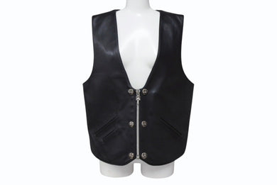 CHROME HEARTS クロムハーツ ラージクロス レザーベスト サイズM クロスボールボタン ブラック 美品 中古 4b008868